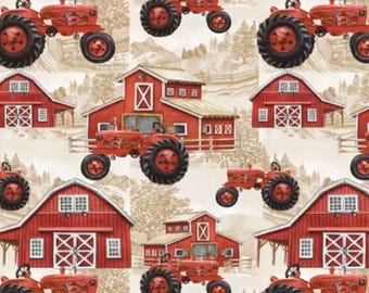 Farm Tractor Fabric, Farm Tractors on the Farm on Beige David Textiles Novelty Cotton Fabric , Red Barn Fabric, Farm Scene Fabric