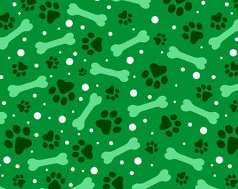 Dog Fabric, Paw and Bones on Green by David Textiles Novelty Cotton Fabric DX-4363-4C-9