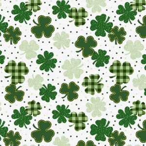 Gingham Clover on White St Patrick's Day Novelty Cotton Fabric, Luck of the Irish
