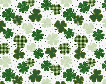 Gingham Clover on White St Patrick's Day Novelty Cotton Fabric, Luck of the Irish