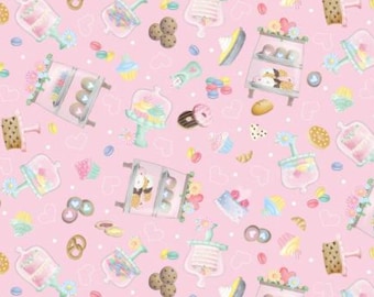 Dessert Fabric, Pastry Treats on Pink Gnomebody Bakes it Better by Andi Metz for Kanvas Studio Benartex Quilting Cotton Fabric, 12833B-21