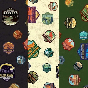 National Park Patches Fabric, National Park Patches on Light Black, Green or Cream by Riley Blake Quilting Cotton Fabric
