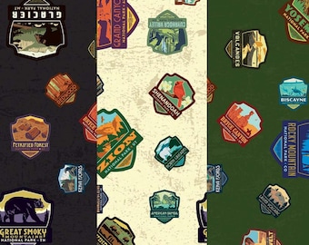 National Park Patches Fabric, National Park Patches on Light Black, Green or Cream by Riley Blake Quilting Cotton Fabric