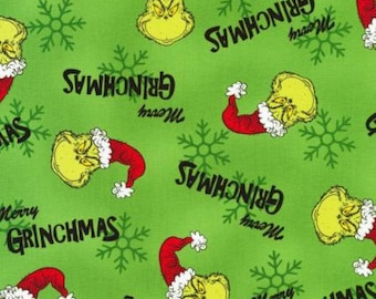 Grinch Fabric, Merry Grinchmas Head Toss on Green, How the Grinch Stole Christmas Quilting Cotton Fabric, Robert Kaufman Green Grinch Fabric