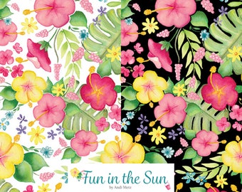 Tropical Flowers and Plants on White/Black Fabric, Fun in the Sun Quilting Cotton Fabric by Kanvas Studio, Monstera leaf fabric, Hibiscus