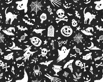 Halloween Toss Fabric, Haunting Toss on Black Midnight Hauntings by Michael Davis for Wilmington Prints Quilting Cotton Fabric 96484-919
