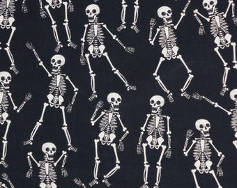 Skeleton Fabric, Dancing Skeletons on Black Halloween Novelty Cotton Fabric