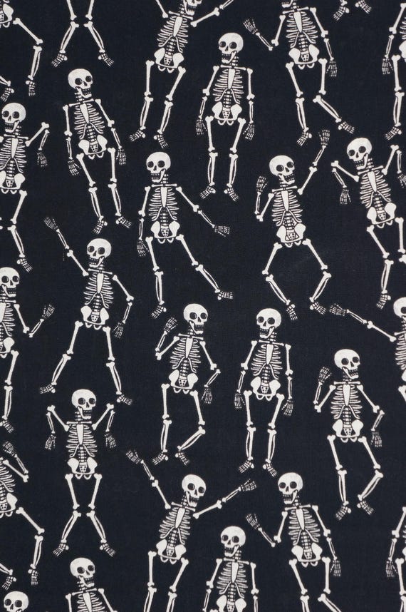 Skeleton Fabric, Dancing Skeletons on Black Halloween Novelty Cotton Fabric