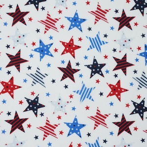 Patriotic Stars Fabric, Red White and Blue Patterned Stars on White Patriotic Novelty Cotton Fabric, Patriotic Fabric