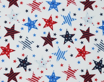 Patriotic Stars Fabric, Red White and Blue Patterned Stars on White Patriotic Novelty Cotton Fabric, Patriotic Fabric