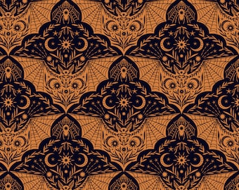 Bat Fabric, Orange and Black Floral Bat Cast a Spell by Lewis and Irene Halloween Quilting Cotton Fabric, Bat Damask Blender