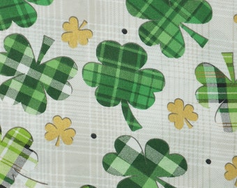 Gingham and Plaid Shamrocks on White/Gray Plaid Background Gold Metallic Clover St Patrick's Day Novelty Cotton Fabric, Luck of the Irish