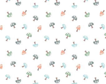 Mushroom Flannel Fabric, Forest Mushrooms Tossed on White Cozy Forest by Kanvas Studio for Benartex Comfort Flannel Fabric, Nursery Flannel