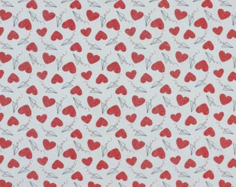 Red Hearts with Paper Airplane Love Notes on White Valentine's Day Novelty Cotton Fabric, Sending Love Notes