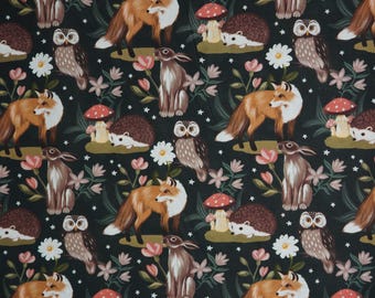 Woodland Animal Fabric, Magical Forest on Green Novelty Cotton Fabric, Hedgehog, Fox, Owl, Rabbit Fabric