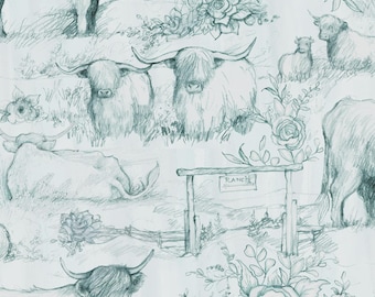 Highland Cow Fabric, Highland Ranch Toile by Susan Winget for Springs Creative Novelty Cotton Fabric, Gray Blue Outline 81428-160028