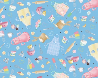 Cooking Fabric, Time to Bake on Blue Gnomebody Bakes it Better by Andi Metz for Kanvas Studio Benartex Quilting Cotton Fabric, 12835B-53