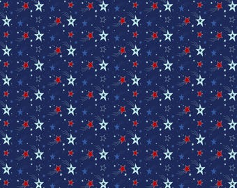 Patriotic Stars Fabric, Shooting Stars on Navy Stars and Stripes Forever by Lori Whitlock Riley Blake Quilting Cotton Fabric C15712-NAVY
