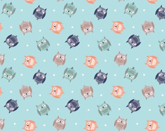 Owl Flannel Fabric, Cozy Owls Tossed on Sky Blue Cozy Forest by Kanvas Studio for Benartex Comfort Flannel Fabric, Nursery Flannel