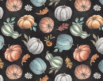 Pumpkin Fabric, Tossed Pumpkins on Charcoal Late Summer Harvest Collection by Lily Ford for Blank Quilting Cotton Fabric