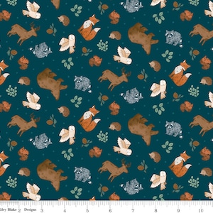 Woodland Animal Flannel Fabric, Camp Woodland Animals Light Blue, Navy or Light Green by Riley Blake Quilting Cotton Flannel Fabric