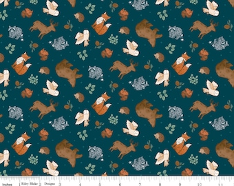 Woodland Animal Flannel Fabric, Camp Woodland Animals Light Blue, Navy or Light Green by Riley Blake Quilting Cotton Flannel Fabric