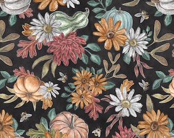 Pumpkins with Flowers Fabric, Pumpkins with Flowers on Charcoal Late Summer Harvest Collection by Blank Quilting Cotton Fabric Autumn Fabric