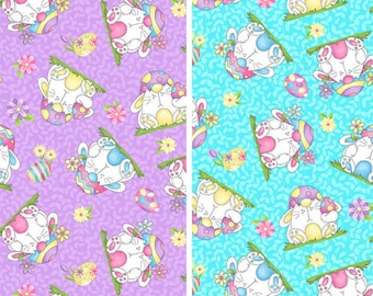 Easter Bunny Fabric, Easter Bunnies Tossed on Purple or Blue by Shelley Comisky for Henry Glass Quilting Cotton Fabric, Hoppy Easter Gnomies