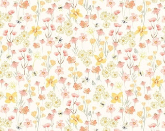 Floral and Bees Fabric, Flying Bee and Florals on Cream from the Home Sweet Home Collection by Timeless Treasures Quilting Cotton Fabric