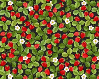 Strawberry Fabric, Strawberries on Black by Lewis and Irene Quilting Cotton Fabric, Summer Fruit Fabric, Summer Fabric, A794.3