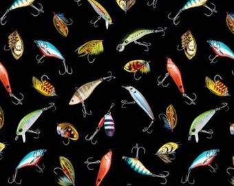 Fishing Fabric, Bait and Tackle on Black by Michael Miller Quilting Cotton Fabric, Fishing Lure Fabric, Fishing Hook Fabric DCX11942-BLAC