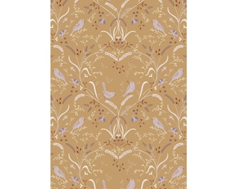 Birds in the Meadow Fabric, Bird by Bird on Mustard by Lewis and Irene Quilting Cotton Fabric, Meadowside CC6.2