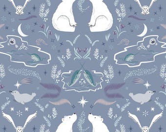 Arctic Animal Fabric, True North on Pearl Blue by Lewis and Irene Quilting Cotton Fabric, Polar Bear Fabric, CC26.2