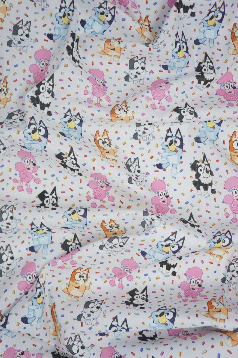 Bluey Fabric, Disney Junior Bluey and Friends Sprinkles on Light Blue ...