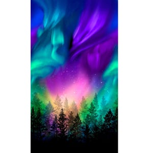 May include: A vertical digital illustration featuring a dense forest of black pine tree silhouettes at the bottom, set against a vibrant night sky filled with swirling ribbons of bright green, electric blue, and deep purple aurora borealis.