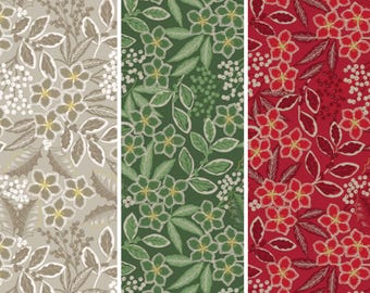 Winter Floral on Linen, Green or Red by Lewis & Irene Quilting Cotton Fabric, Poinsettia Christmas Floral, Metallic Noel Mono Holly Berry