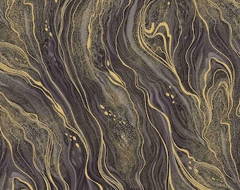 Silver and Gold Metallic Oil Slick Fabric, Iron Abstract Marbling Quilting Cotton by Timeless Treasures, Charcoal Modern Sewing Fabric