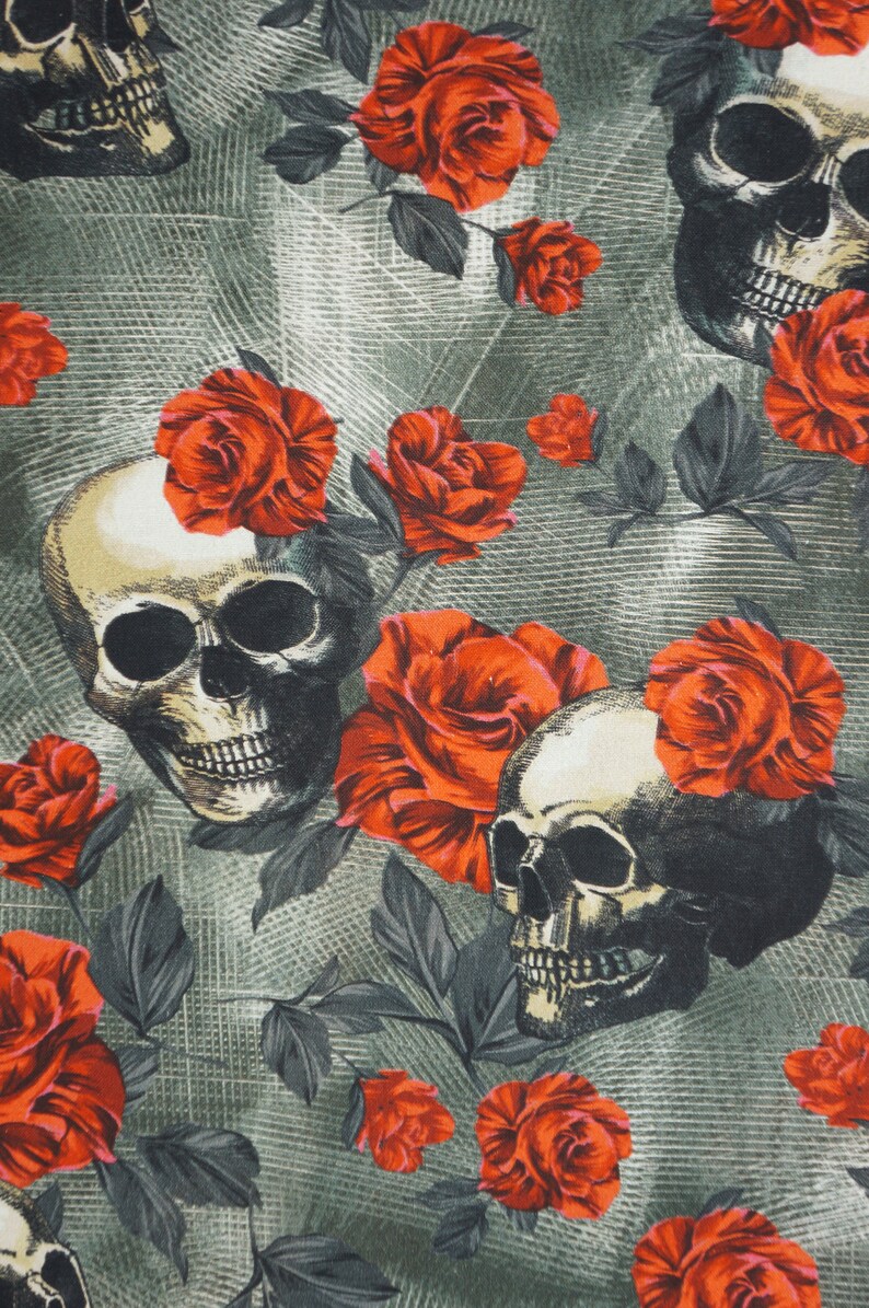 Skulls And Roses Fabric, Tossed Skulls and Red Roses Novelty Cotton Fabric image 5