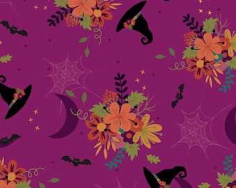 Witch Fabric, Little Witch Main on Magenta by Jennifer Long for Riley Blake Quilting Cotton Fabric, Fall Floral Fabric, C14560-MAGENTA