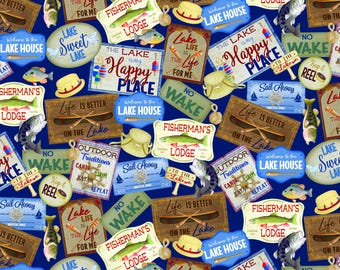 Lake House Signs Fabric, Lake House Signs on Navy Sail Away by Andi Metz for Benartex Kanvas Studio Quilting Cotton Fabric, 14437-56B