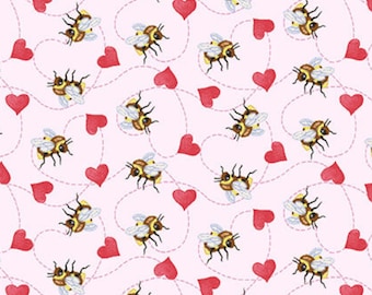 Valentine Honey Bee Fabric, Multi Tossed Bees Bee Mine by Henry Glass Quilting Cotton Fabric, Henry Glass Valentine Fabric, Bee Fabric