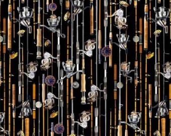 Fishing Fabric, Keeping It Reel on Black by Michael Miller Quilting Cotton Fabric, Fishing Rod Fabric, Fishing Pole Fabric DCX11943-BLAC