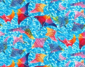 Stingray Fabric, Rainbow Stingrays on Blue Ocean by Fabric Traditions Novelty Cotton Fabric, Ocean, Under the Sea, Sting Ray, Manta Ray