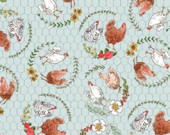 Chicken Fabric, Chickens on a Wire on Light Blue Cottontail Farm by Caverly Smith for 3 Wishes Quilting Cotton Fabric