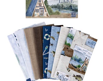 Fishing Fabric, Wake the Lake Tan 1-yard bundle Quilting Cotton by Riley Blake Quilting Cotton Fabric, Lake Life Fabric, 8 pieces
