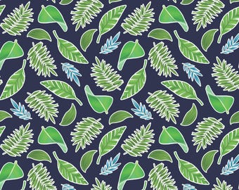 Tropical Leaves Fabric, Tropical Leaves Glow on Navy by Kanvas Studio for Benartex Quilting Cotton, Rainforest Leaves, Rainforest Glow