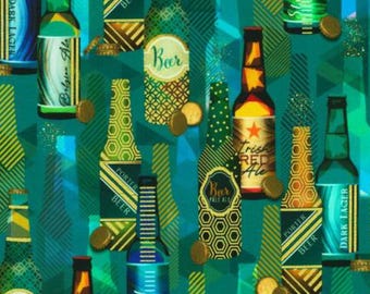Beer Fabric, Beer Bottles on Teal with Metallic Accents by Robert Kaufman Quilting Cotton Fabric, Pub Fabric, AINDM22745213