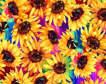 Rainbow Sunflower Fabric, Packed Sunflowers on Rainbow by Chong-A Hwang for Timeless Treasures Quilting Cotton Fabric, Sundance Collection