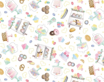 Dessert Fabric, Pastry Treats on White Gnomebody Bakes it Better by Andi Metz for Kanvas Studio Benartex Quilting Cotton Fabric, 12833B-09