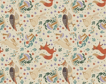 Woodland Animal Fabric, Woodland Cottage Core on Vanilla by Jessica Flick for Benartex Quilting Cotton Fabric 16375B-07